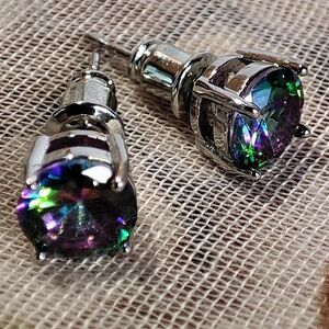 Mystic Topaz Purple Blue Green Rainbow Big Stud Pierced Silver Tone Earrings NEW